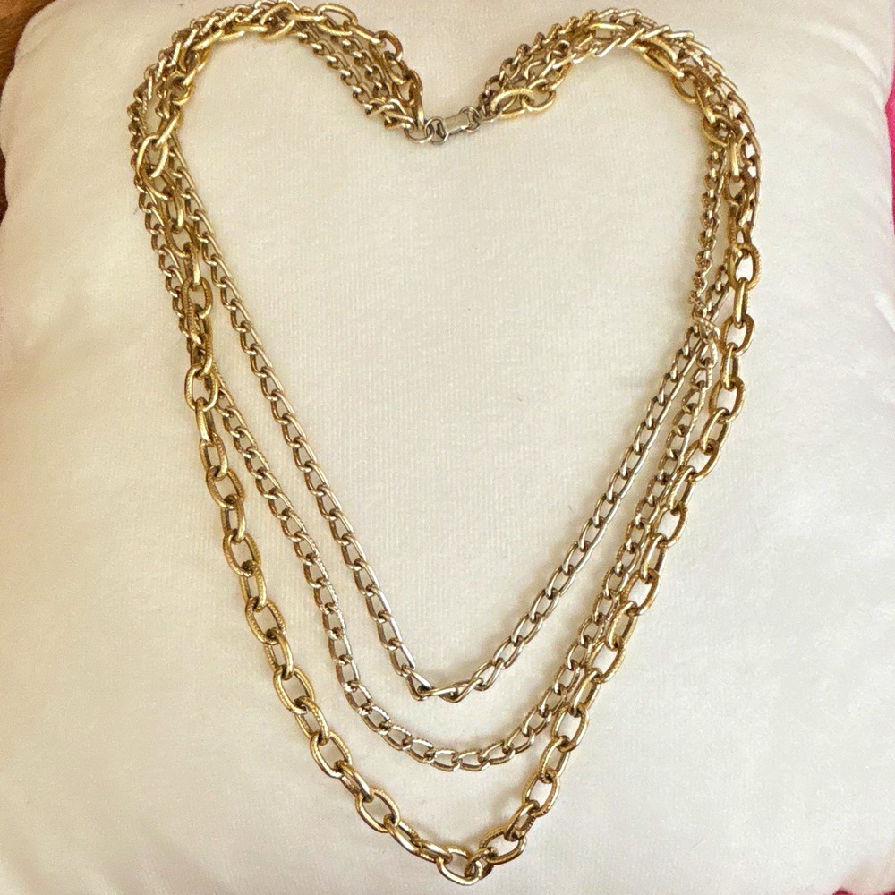 Vintage Gold Tone Multi Strand Triple Layer Link Chain Necklace Statement Clasp